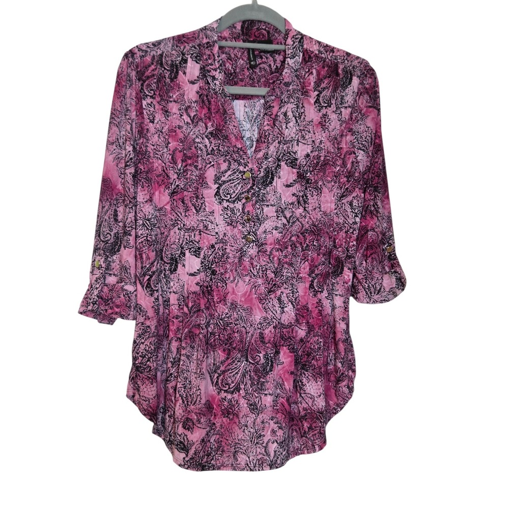 New Directions Womens Pink Paisley Pintuck 3/4 Sleeve Blouse Small